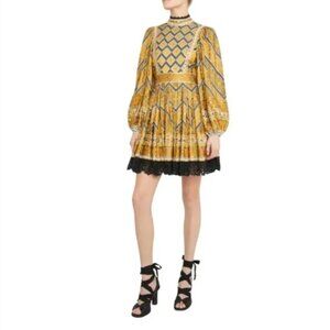 Ulla Johnson Zariah Mini Dress Womens 0 Black Gold Long Sleeve Mock Neck Lined